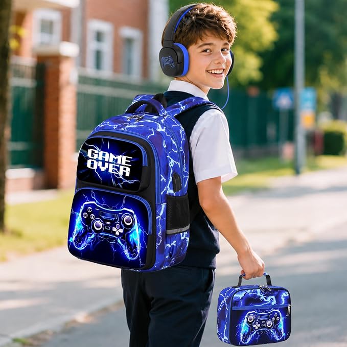 Bevalsa Backpack for Boys, School Bags for Kids with 3.5mm Jack Wired Headphones, Lunch Box & Pencil Case, Gamer Backpack for Kids Children Teens for Elementary Middle School Student (Lightning) - Image 5
