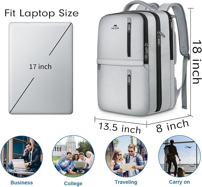 MATEIN Travel Backpack with Shoe Compartment, Gray Backpack for Airplanes | Large Personal Item Travel Bag, Shoe Compartment, Fits 17" Laptop, Water Resistant, Weekender Daypack, For Women & Men, Gray - Image 2