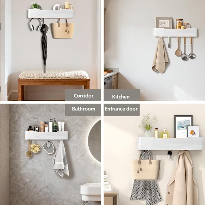 Wall Mounted Coat Rack with Shelf, Wooden Entryway Organizer with Hidden Metal Hooks for Hanging Coats Bags Keys, Modern Floating Shelf for Hallway Bathroom - Image 6