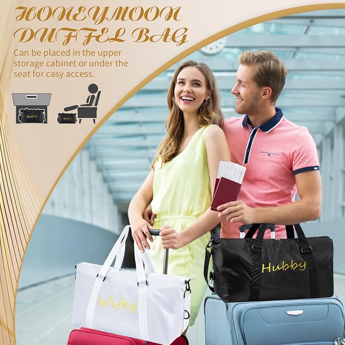 2 Pcs Wifey Hubby Duffle Bag Set White Black Wedding Travel Bags Waterproof Honeymoon Travel Bags Weekender Tote Bag For Women Men Couple Bridal Shower Honeymoon Party Organizer Supplies - Image 6
