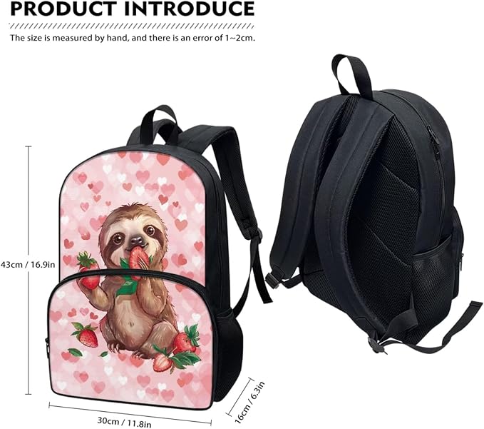 Pink Hearts Sloth Strawberry Print Girls Backpack Set, Kids Backpacks with Lunch Bag & Pencil Case, Kawaii Girls Bookbag School Bag for Elementary School - Image 5