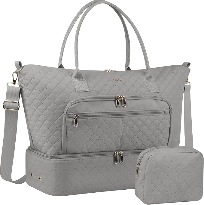 HOTOR Travel Duffle Bag for Women - Carry on Bag with Toiletry Pouch & Shoe Compartment, Large Overnight Weekender Bags for Gym, Business Trips, Sports and Hospital, Gray, 17.3" x 7.9" x 13.4" by HOTOR