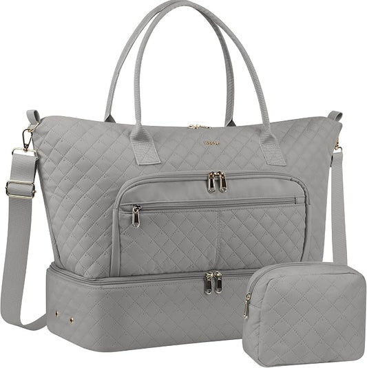 HOTOR Travel Duffle Bag for Women - Carry on Bag with Toiletry Pouch & Shoe Compartment, Large Overnight Weekender Bags for Gym, Business Trips, Sports and Hospital, Gray, 17.3" x 7.9" x 13.4" by HOTOR