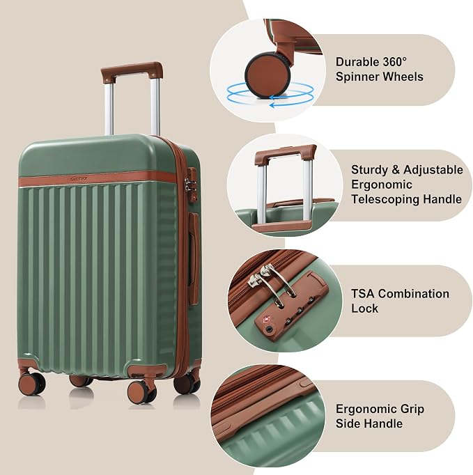 Hardshell Luggage, Lightweight Suitcase with Spinner Wheels, GREEN+USB - Image 2