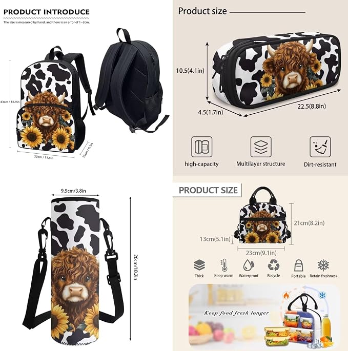 Highland Cattle Sunflowers Big Student Hiking Backpack Black White Cow Print Travel Bookbag Storage Lunch Tablet Tote Bag Water Cup Sleeve for Girls Boys Kids Teens Students, 4 Pack - Image 3