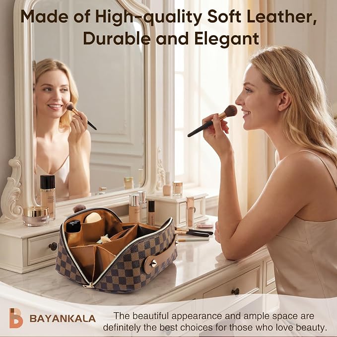 Leather Travel Makeup Bag, Large Capacity Cosmetic Bag for Women, Waterproof Portable Pouch with Divider, Toiletry Organizer with Handle, 10.5x5x5 Inches, Deep Brown - Image 2