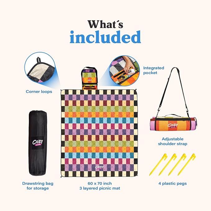 Cozy Club Waterproof Picnic Blanket – Foldable Outdoor Mat 60x70 with Stakes, Pocket & Shoulder Strap | Sandproof Beach Blanket for Festivals, Camping & Travel | Self-Packing | Multicolor | US Brand - Image 4