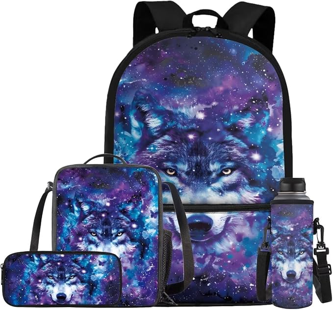 Galaxy Wolf Backpack for Girls Kids Backpack with Lunch Box Water Bottle Carrier with Strap and Soft Pencil Case 4PCS Set Bookbag with Front Pocket for School 17 inch Large Capacity School Bag by ELEDIZI