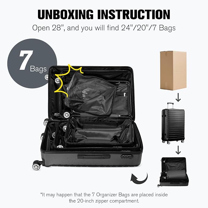 10 Piece Luggage Sets, 3 Piece Suitcase Set, 20 inch Carry on Luggage, 24 inch and 28 inch Checked Luggage with 7PC Packing Bags - Image 2