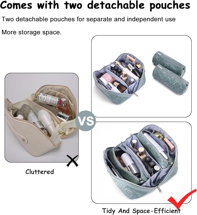 BOYATU Travel Makeup Bags Cosmetic Organizer Bag: 3 Pcs Set Large Capacity Floral Make up Bag with Compartments - Waterproof Leather Toiletry Bags with Handle for Women (01-Light Blue) - Image 7