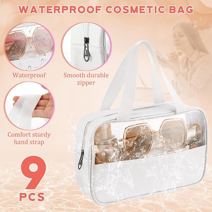 Buryeah 9 Pcs Translucent Make up Bag Toiletry Organizer for Women Men Waterproof Portable Cosmetic Travel Bag with Hanging Handles Travel Storage Carry Pouch Gifts for Bridesmaid (White) - Image 3
