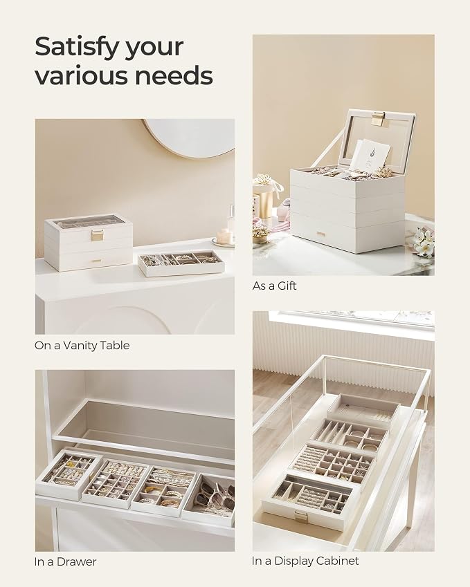 SONGMICS GISELLA Collection - Stackable Jewelry Trays, 4-Tier Jewelry Box, Drawer Jewelry Organizer, with Glass Lid, Removable Dividers, 6.7 x 11 x 7.2 Inches, Gift Idea, Cloud White UJBC164W01 - Image 7
