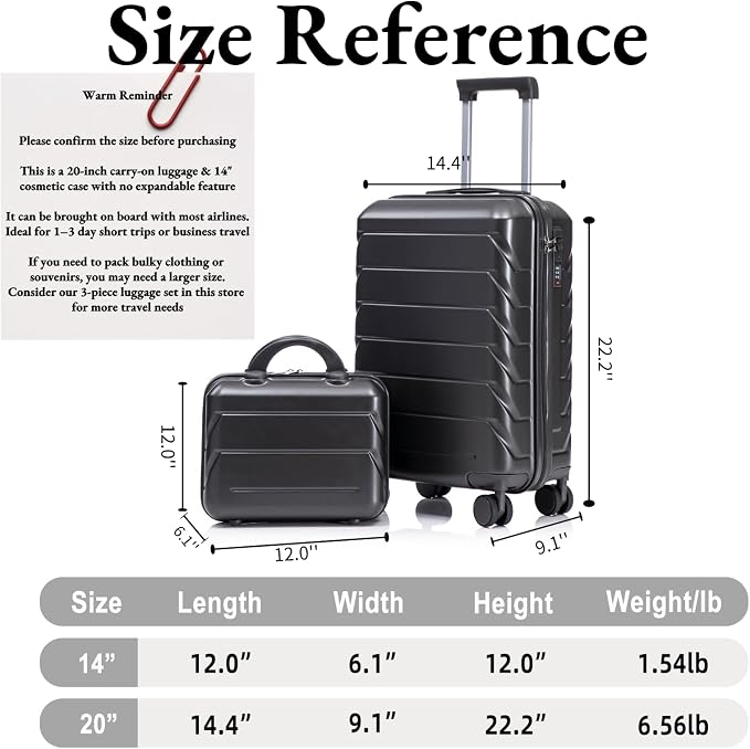 2-Piece ABS Hard Shell Lightweight Carry-On Luggage Set (14" & 20"), 360-Degree Spinner Wheels, Adjustable Telescopic Handle and Combination Lock for Travel, Dark Grey - Image 7