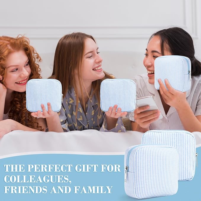 Giesiery 8 Pcs Seersucker Makeup Bags Striped Cosmetic Bags Bulk Organizer for Women Preppy Travel Toiletry Pouch for Wedding Bridesmaid Gifts (Blue, Mini) - Image 6