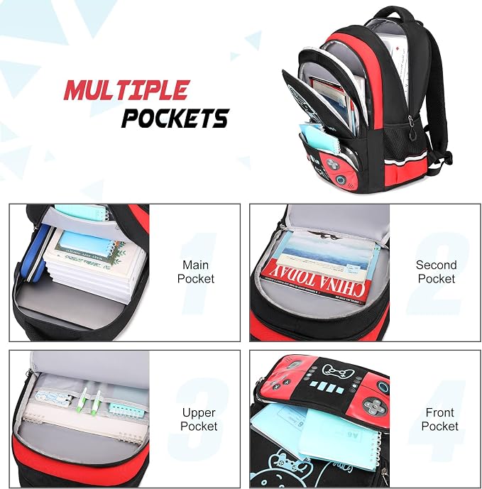 Bevalsa Backpack for School Boys,Cool Luminous Gamer Boys Backpacks with Wired Headphones Lunch Box Pencil Case,Kids Schoolbag for Teens Kindergarten Elementary School(Red Backpack with Headphones) - Image 4