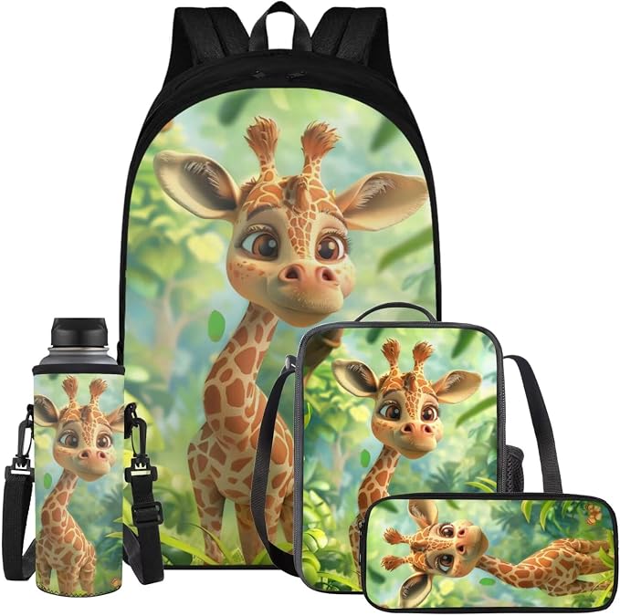 Giraffe Backpack for Girls Kids Backpack with Lunch Box Water Bottle Bag and Cute Pencil Case 4PCS Set Bookbag with Compartments for School 17 inch Lightweight School Bag for Elementary Girls by ELEDIZI