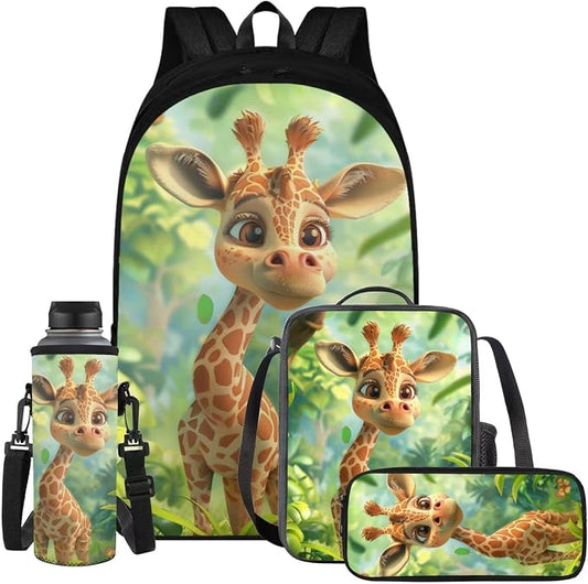 Giraffe Backpack for Girls Kids Backpack with Lunch Box Water Bottle Bag and Cute Pencil Case 4PCS Set Bookbag with Compartments for School 17 inch Lightweight School Bag for Elementary Girls by ELEDIZI