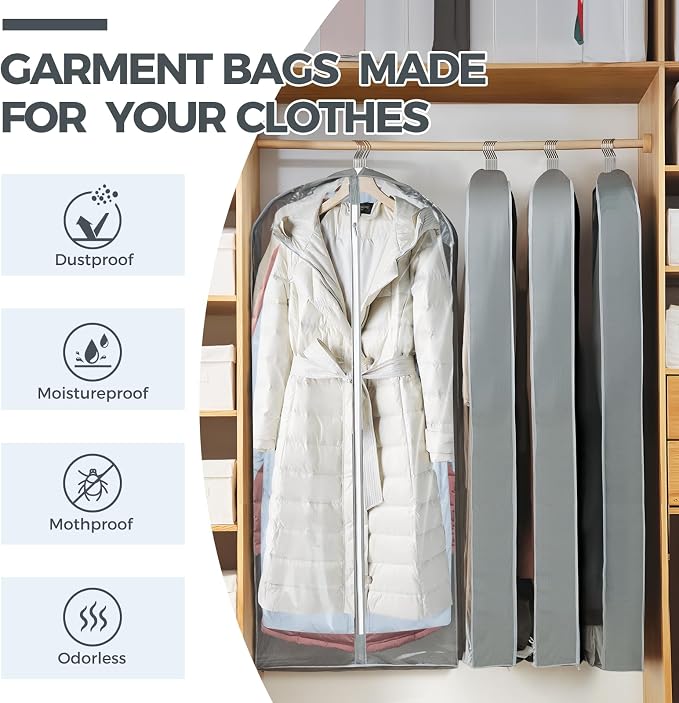 6 Pcs 60" Garment Bags for Hanging Clothes, Clear Suit Bags for Closet Storage Clothing Storage, Garment Bags Shoulder Covers with 4" Gussets for Coats, Jackets, Shirts and Sweater - Image 2
