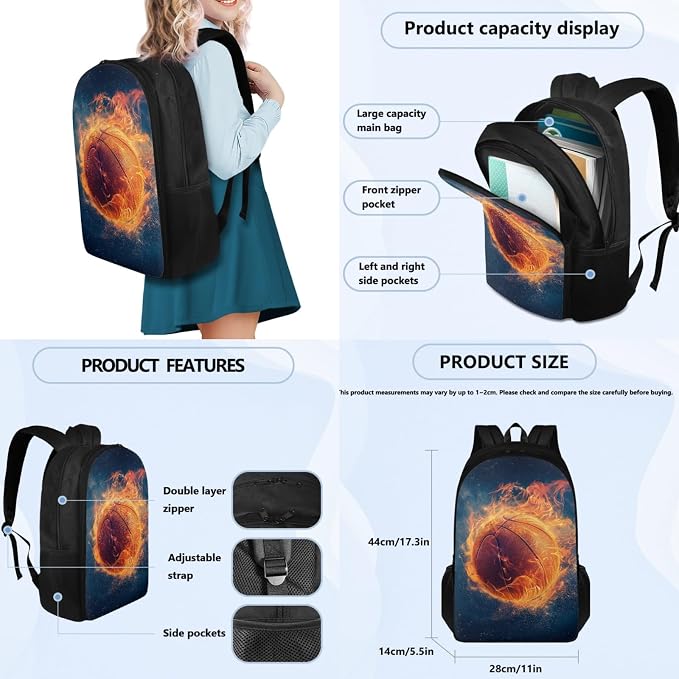 Coloranimal Fire Basketball Backpack Set Included 1Pcs School Bag 1Pcs Mini Lunch Bag 1Pcs Pencil Case Bookbag for Teen Boys Girls Hiking Camping Travel Bag - Image 2