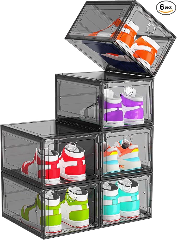 ARSTPEOE 6-Pack Black Shoe Storage Boxes Magnetic Stackable | Upgraded Harder Material, Stackable Space-saving, Fits Sneakers & Boots, Clear Magnetic Front Door by ARSTPEOENeatChic