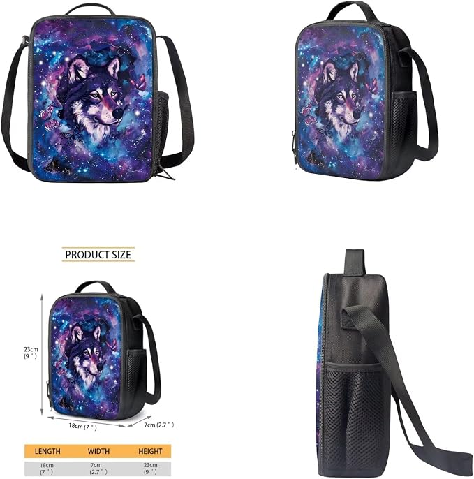 Galaxy Wolf Backpack for Girls Kids Backpack with Lunch Box Water Bottle Pouch and Soft Pencil Case 4PCS Set Bookbag with Front Pocket for School 17 inch Large School Bag for Elementary Girls - Image 4