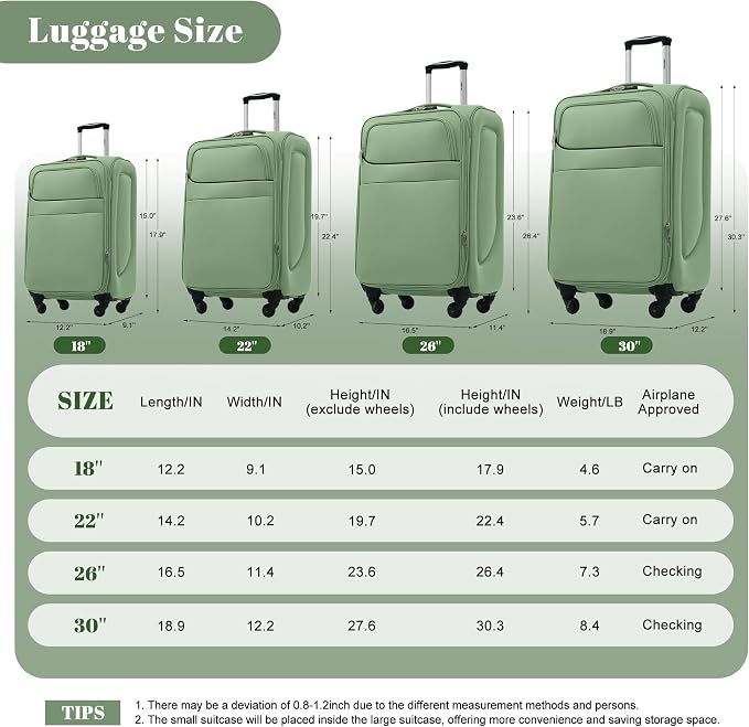Merax 4-Piece Expandable Luggage Set,Softside Suitcase,Light Green | 18" 22" 26" 30" Lightweight Luggage with Spinner Wheels,Suitcase Set with TSA Lock,Front Pocket & Interior Organization - Image 8