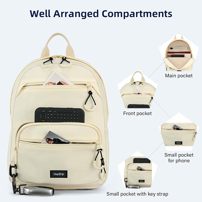 HanTrip Carry On Travel Backpack For Men Women, 13 Inch Small Mini Work Bag Personal Item Backpacks, Camping Back Pack Lightweight Hiking Daypack For Office Nurse Commuter (Offwhite) - Image 3