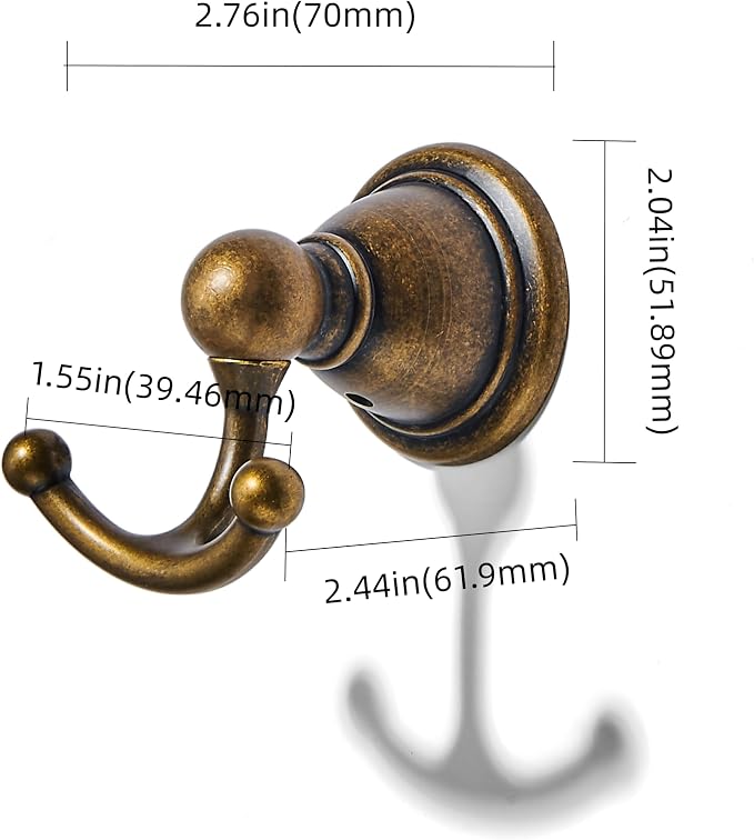 khtumeware 2 Pack Antique Brass Robe Hooks Wall-Mounted Heavy-Duty Towel Hooks, Zinc Alloy Bathroom Coat Hooks and Suitable for Hanging Towels, Bathrobes, Clothes, Hats and Bags. - Image 2
