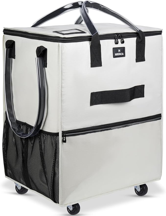 Reusable Grocery Bag On Wheels, 70L Foldable Rolling Tote Bag with 6 Pockets & 3-Way Carry, Heavy Duty Handle, Zippered Top for Grocery, Laundry, Storage, Collapsible Shopping Trolley, Medium, Beige by Unknown