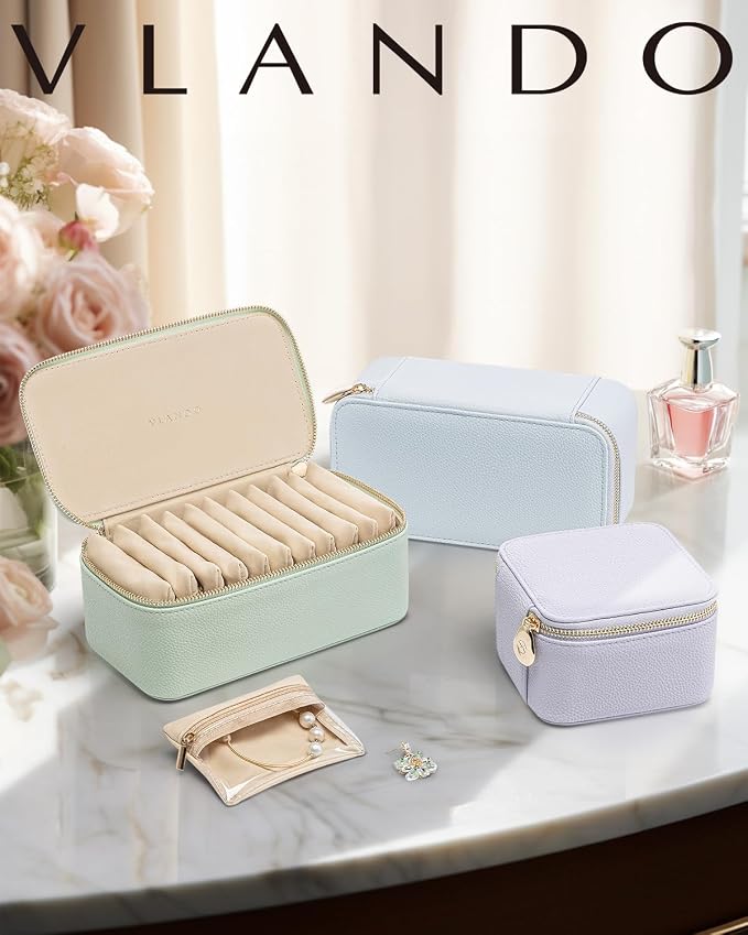 VLANDO Travel Jewelry Case Organizer,Small Jewelry Box with 12 Velvet Jewelry Storage Pockets,Christmas Gift Ideas for Bride Friends Women Girls-Baby Blue - Image 7