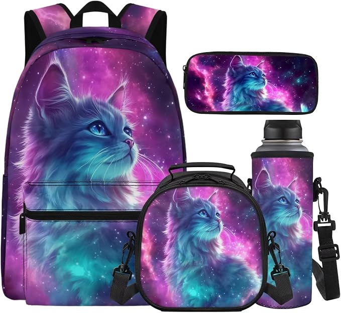Galaxy Cat Girls Backpacks Ages 8-10 6-8, Large School Bag with Lunch Box Pencil Case Water Bottle Sleeve 4 in1 Set, Kids Bookbag for Elementary Middle Travel Outdoor Daypack, Purple by Unknown