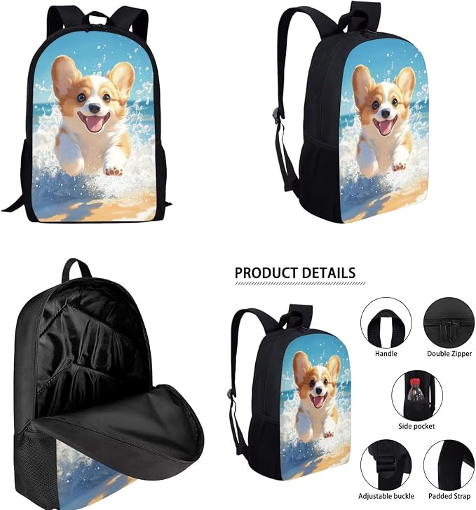Funny Corgi Backpack with Lunch Box Kids Girls 6-8/5-7 Elementary School Bookbag 1st Grade 17in Book Bags Lunch Bag Pencil Case Water Bottle Holder Preschool/Kindergarten Back Pack 4PCS Set - Image 2