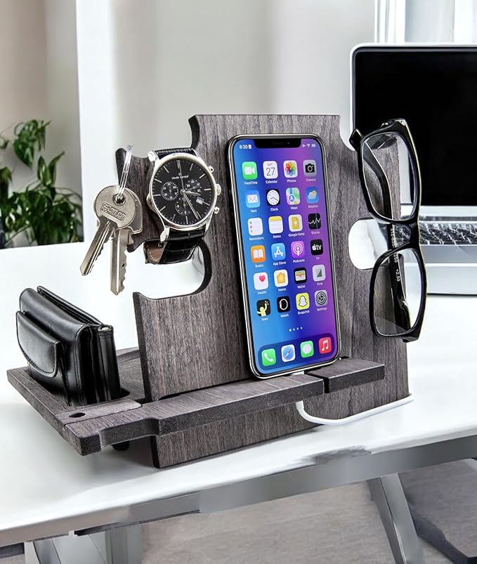 Greta Oto Gifts for Men, Personalized Wood Phone Docking Station for Men,Nightstand Organizer for Him, Phone Stand, Best Personalized Gift idea for Anniversary,Birthday,Graduation