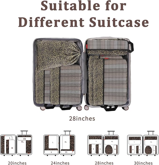 U+U 6 Set Compression Packing Cubes - Ultralight Travel Organizers with Laundry Bag, Space-Saving Suitcase Organizer, Expandable Packing Cubes for Travel, Business Trip and Family Vacation (Leopard) - Image 7
