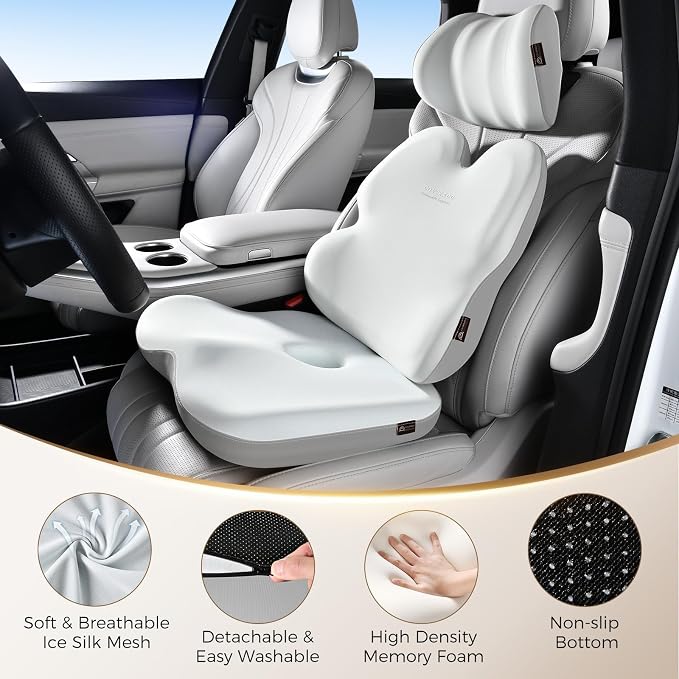 Coverado Car Seat Cushion Back Support Pillow Neck Headrest Pillow, Ergonomic Memory Foam Sciatica & Back & Tailbone Pain Relief Cushion for Office Chair Seat Cushion for Chair Gray&Light Gray - Image 7