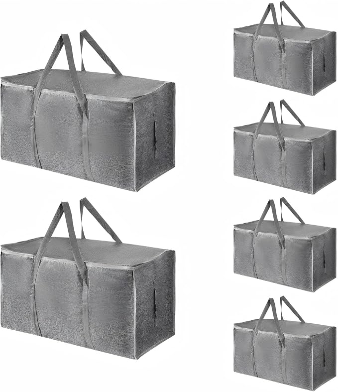 6 Pack-Extra Large Heavy Duty Moving Bags - Waterproof Storage Totes with Handles & Zippers, Foldable for College Dorm, Storage (Gray) by Unknown
