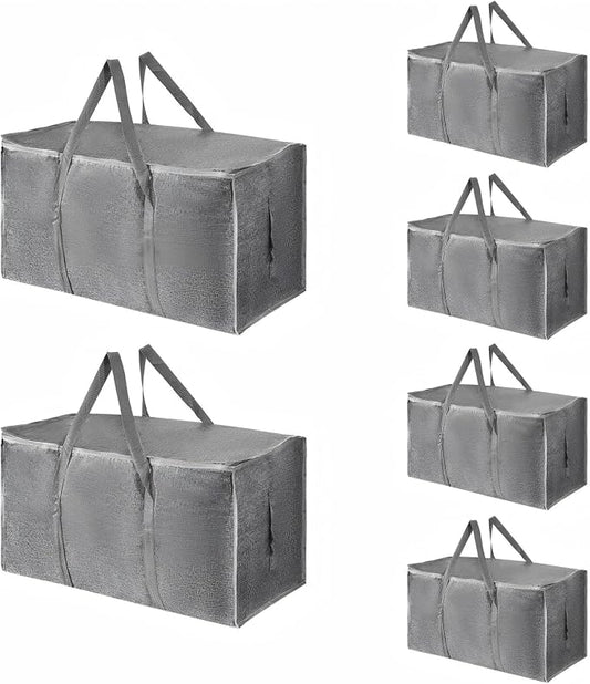 6 Pack-Extra Large Heavy Duty Moving Bags - Waterproof Storage Totes with Handles & Zippers, Foldable for College Dorm, Storage (Gray) by Unknown