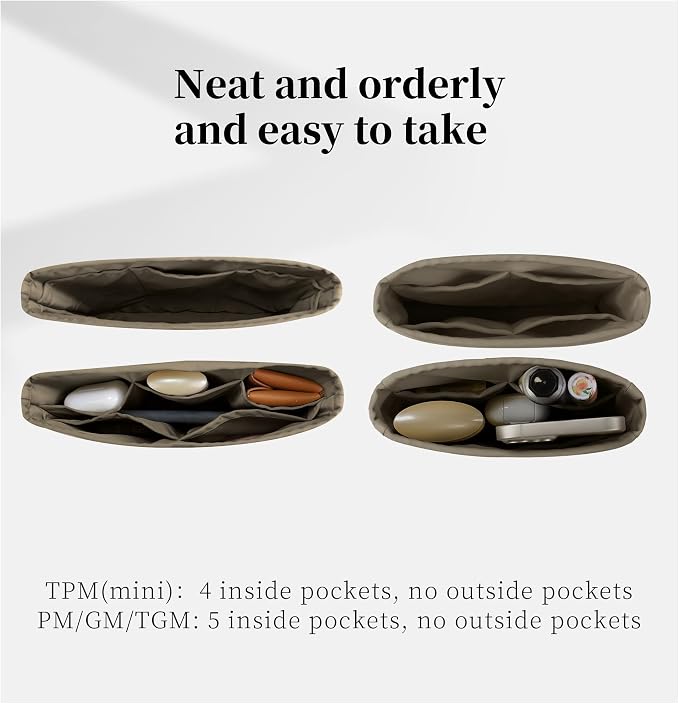 Purse Organizer Insert for Luxury Bag - Satin & Lightweight Fabric with Inside Pockets, Portable for Commute, Travel, Shopping, and Evening, Multicolor Options, Fits Evelyne16/18 TPM(Etoupe grey, TPM) - Image 7