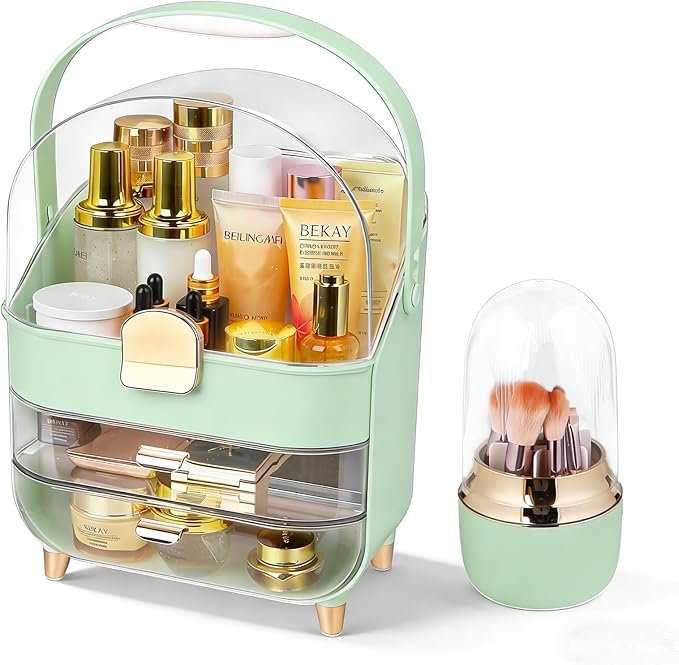 Makeup Organizer with Drawers-Cosmetic Display Case for Vanity|Skincare Organizer with 360 Rotating Brush Holder,Large Storage Box Dresser,Women Gifts Display Cases for Bathroom Countertop,Green by Mikoy