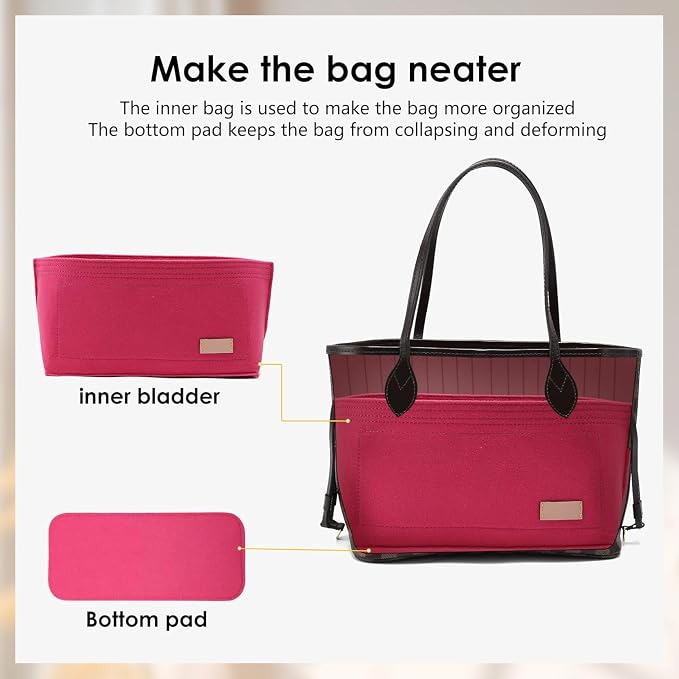 Purse Organizer Insert with Base Shaper Compatible with neverfull MM, Speedy 30 and More,Bag Organizer Insert for Luxury Tote Bags,L/Rose - Image 3