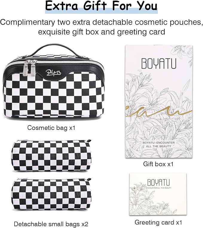 BOYATU Travel Makeup Bag Cosmetic Bags for Women: Large Make up Bags Set of 3 - Portable Makeup Organizer with Compartments&Handle&Divider - Waterproof PU Leather Toiletry Bag(A-5-Checkered Mix Black) - Image 5