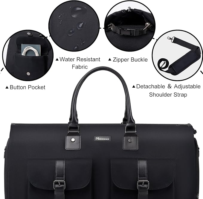 Modoker Garment Convertible Weekender Bag,Carry on Garment Bags for Travel Mens Suit Bag,Canvas Garment Duffle Bag Heavy Duty Overnight Bags for Men Women Hanging Clothes, Black - Image 6