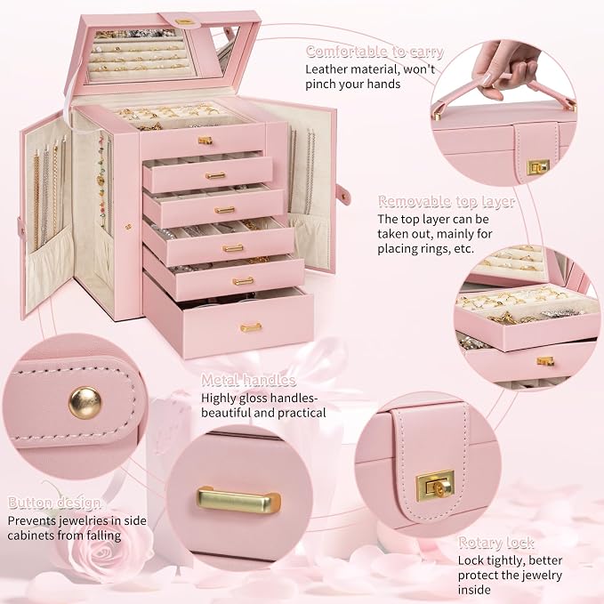 AKOZLIN 6-Tier Jewelry Box Organizer Functional 5 Drawers Leather Jewelry Storage Case for Women Girls Ring Necklace Earring Bracelet Holder Organizer with Mirror Light Pink Large - Image 2