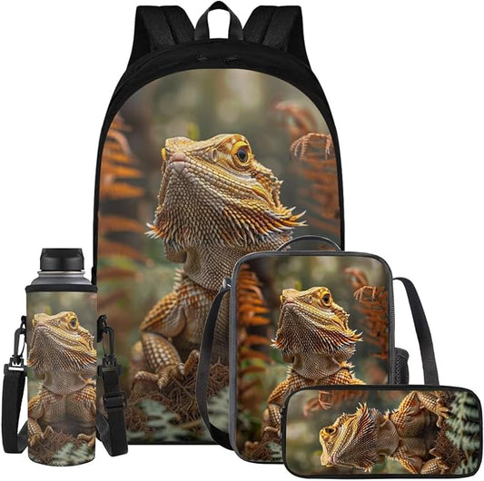 Dragon Lizard Backpack for Kids Boys Backpack with Lunch Box Water Bottle Pouch and Big Pencil Case 4PCS Set Bookbag with Compartments 17 inch Sturdy School Bag Kids Back to School Essentials by ELEDIZI