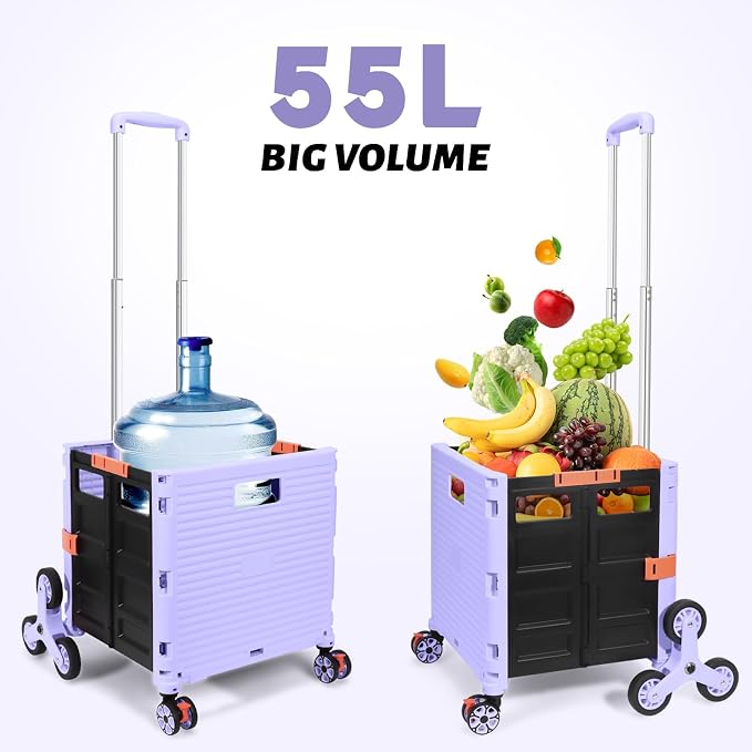 FELICON SELORSS Folding Utility Climber Cart Portable Rolling Crate-Purple | Stair Climbing Wheels+360°Swivel Wheels,Telescoping Handle,Plastic Box Dolly for Travel Shop Move Laundry Office Teacher Use - Image 6