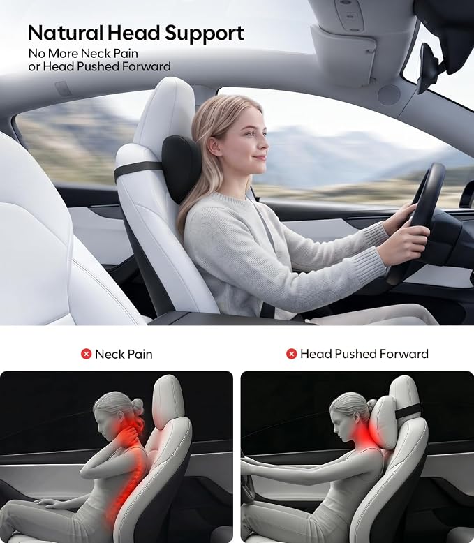 Wigoo Ergonomic Car Neck Pillow with Adjustable Strap, Black 2-Pack | Slim Upgrade| Extra Strap| Universal Fit - Image 3