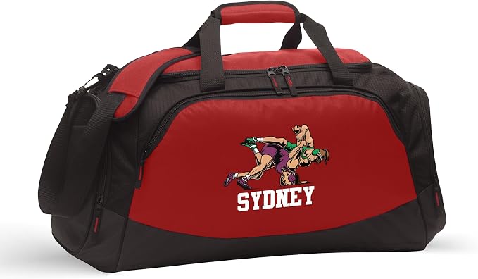 Personalized Girls Wrestling Duffel Bag Custom Printed | Wrestling Design Wrestler Name Birthday Christmas Tournament Senior Night (Female Wrestler, Red/Black, Gym Bag Only) by VitalSignsNW