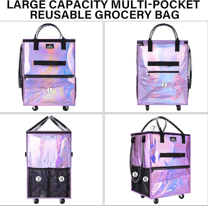 Large Reusable Grocery Bag On 5 Wheels, 130L Foldable Rolling Tote Bag, Heavy Duty Shopping Cart with Multiple Pockets, Rolling Grocery Bag, Zipper Closure & Handles for Shopping Travel, Purple - Image 4