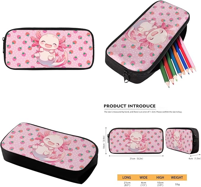 Cute Axolotl Backpack with Lunch Box Set for Girls 6-8/5-7 Strawberry Bookbag for 1st Grade Elementary School Back Pack Lunchbox Pencil Case Water Bottle Holder 4PCS Kids Preschool Book Bag - Image 6