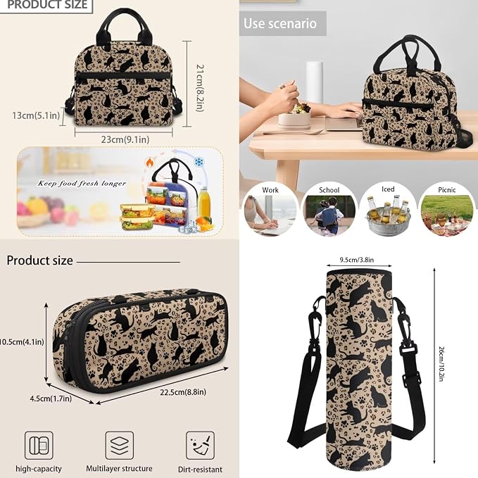 Black Cats Paw Brown Leopard School Backpack for Kids Schoolbag Knapsack Lunch Bag Pencil Box Water Bottle Holder Shoulder Crossbody Handbags Book Bags for Boys Girls Teens, 4 Pack - Image 6